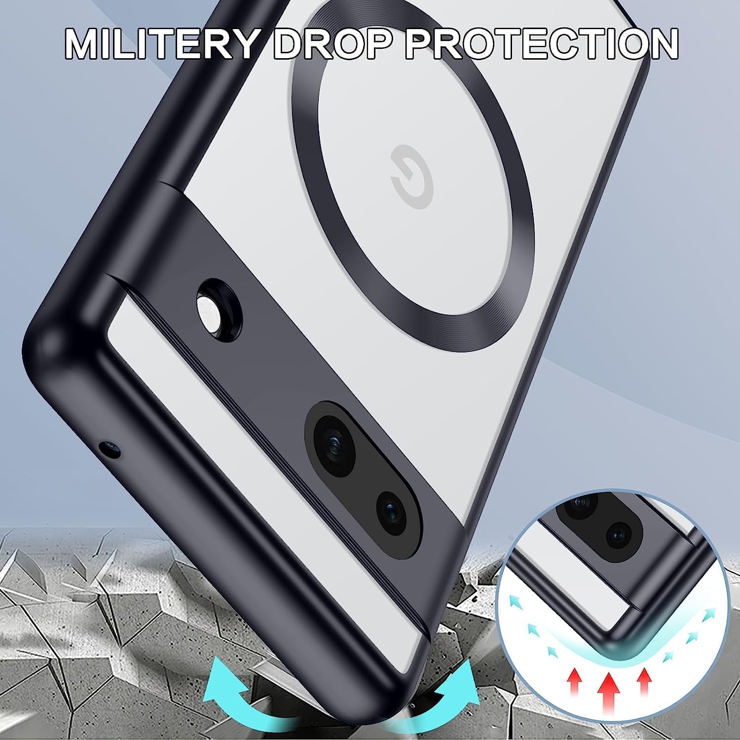 Google Pixel 7a Crystal Clear 10 Ft Drop Tested Shockproof Case - Clear Black - Image 3