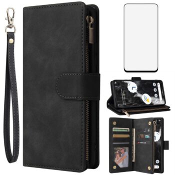 For Google Pixel 7 Pro 5G Tempered Glass Screen Protector and Flip Wallet Case