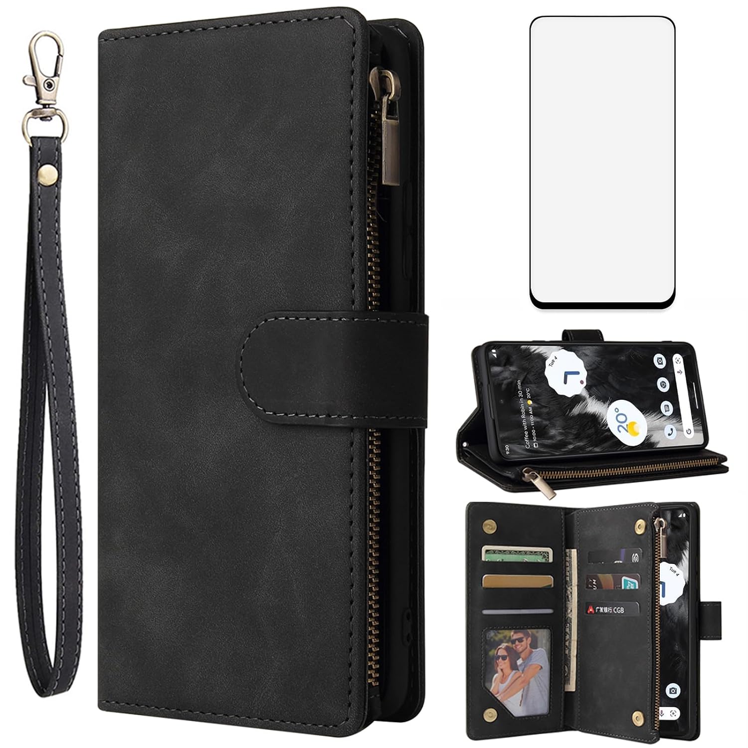 For Google Pixel 7 Pro 5G Tempered Glass Screen Protector and Flip Wallet Case