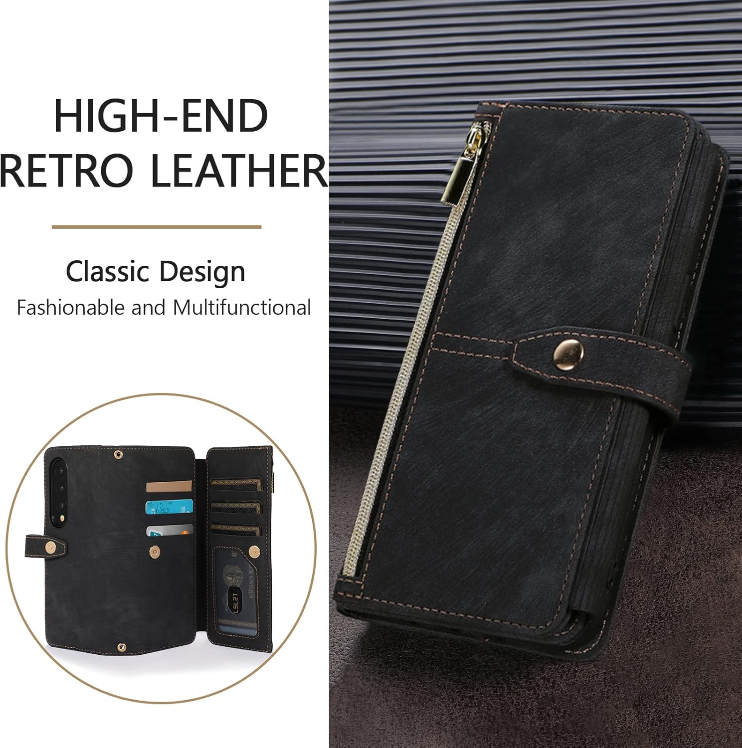 Z Fold 4, 9 Card Slot Shockproof Leather Flip Wallet Case - Black - Image 7