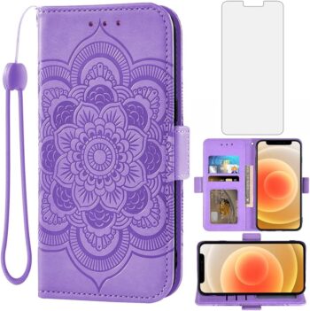 For iPhone 12 Mini 5.4 Tempered Glass Screen Protector Leather Flip Wallet Case