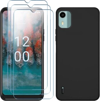 Nokia C12, Soft Silicone Case + [3 Pack] Tempered Glass Screen Protector