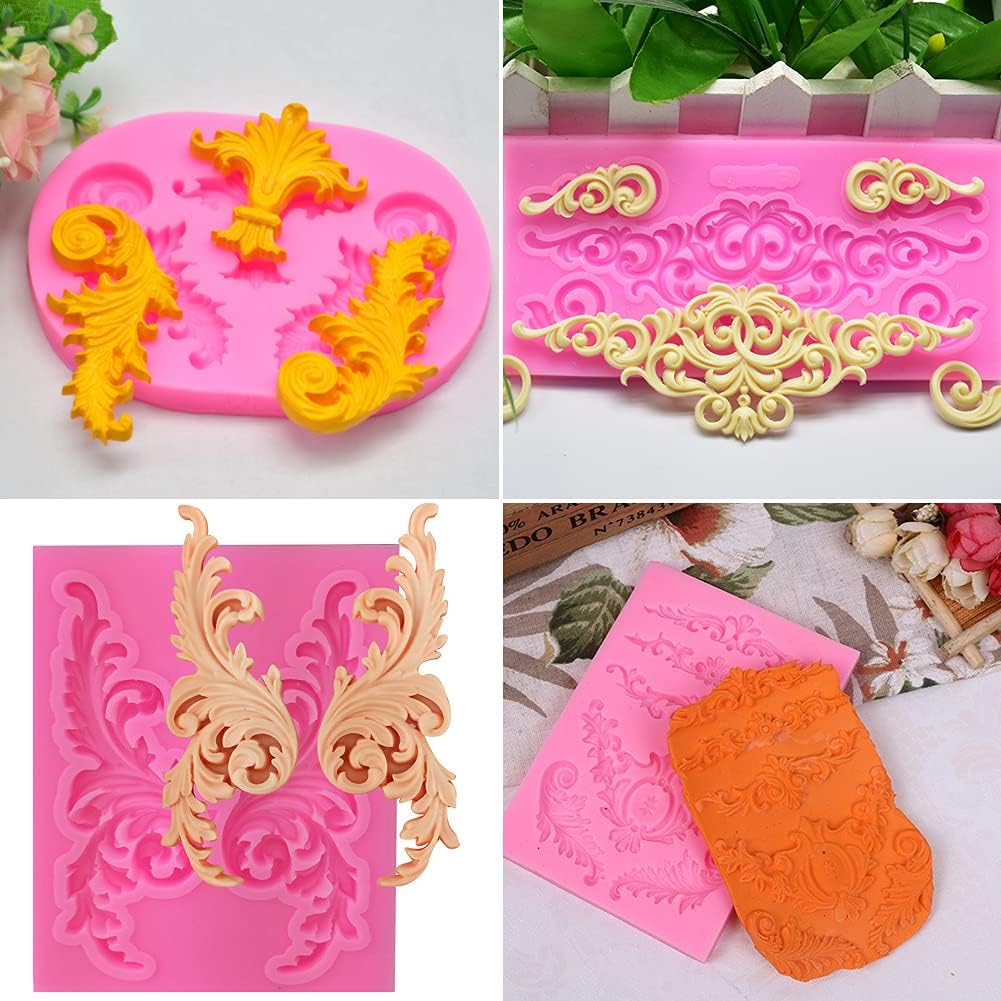 5 Pcs Baroque Style Curlicues Scroll Lace Fondant Silicone, Relief Flower Lace - Image 5