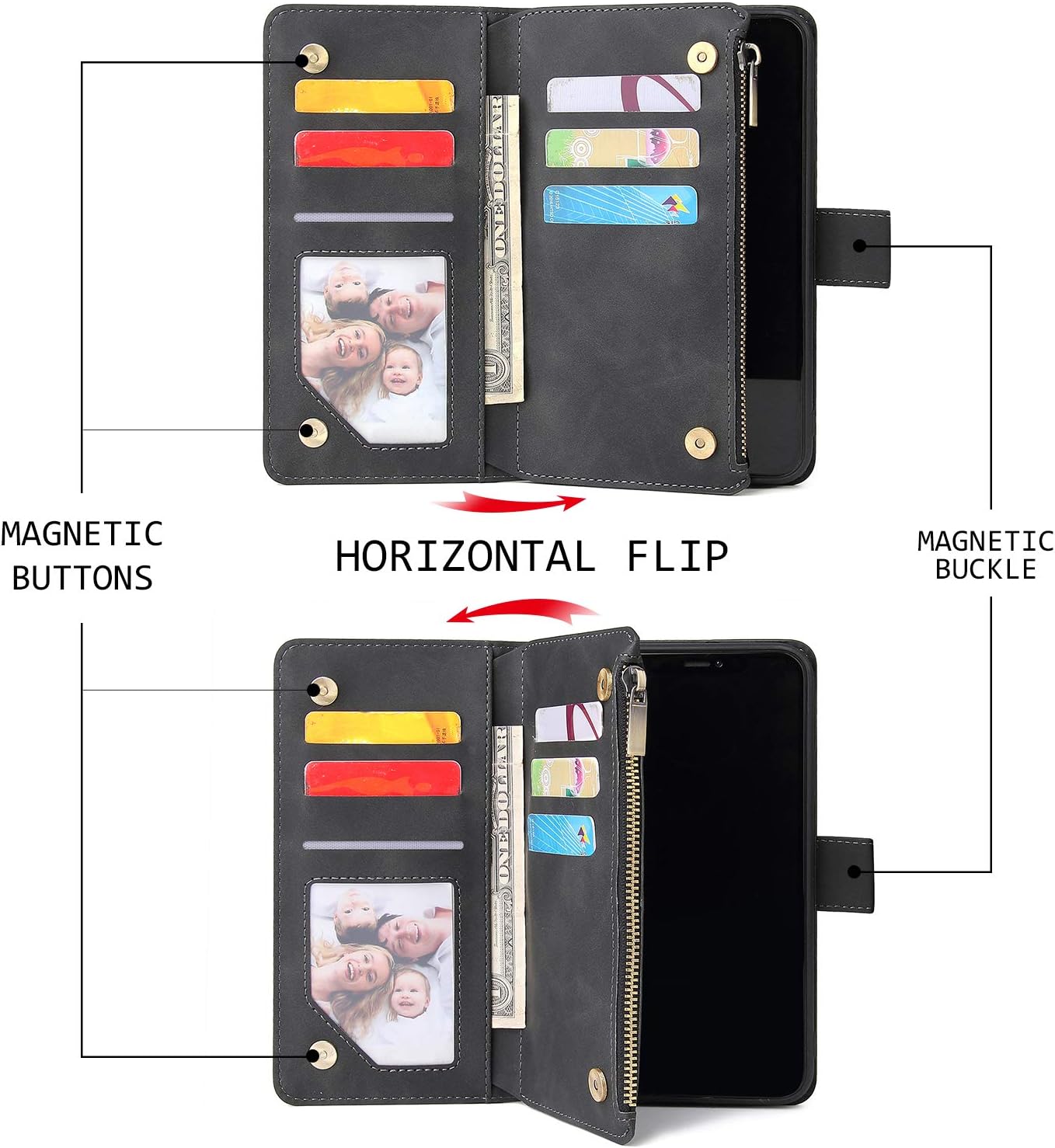 iPhone XR, Premium PU Leather Magnetic Closure Handbag Zipper Pocket Case - Image 8