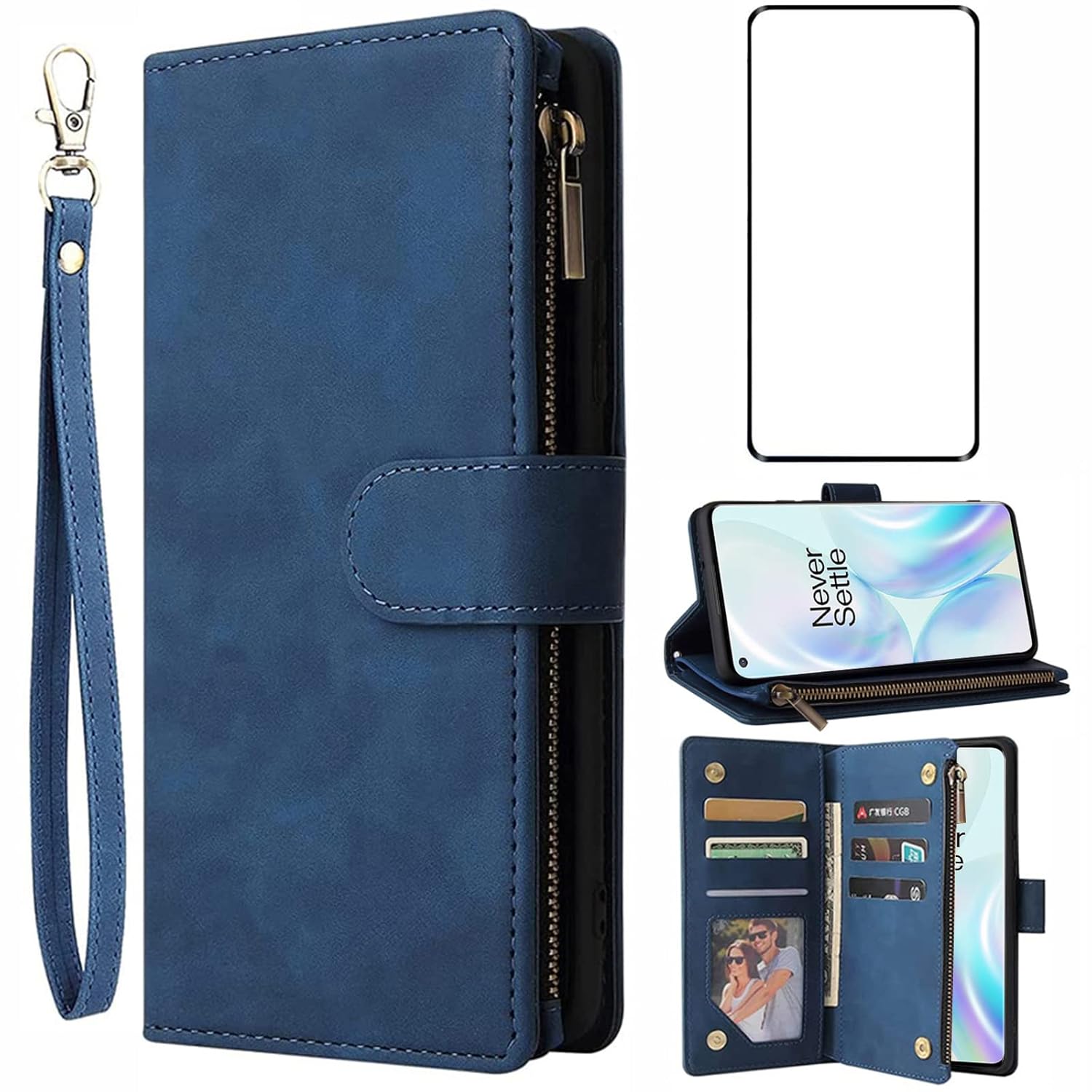 For OnePlus 8 Pro 5G Tempered Glass Screen Protector and Leather Flip Wallet