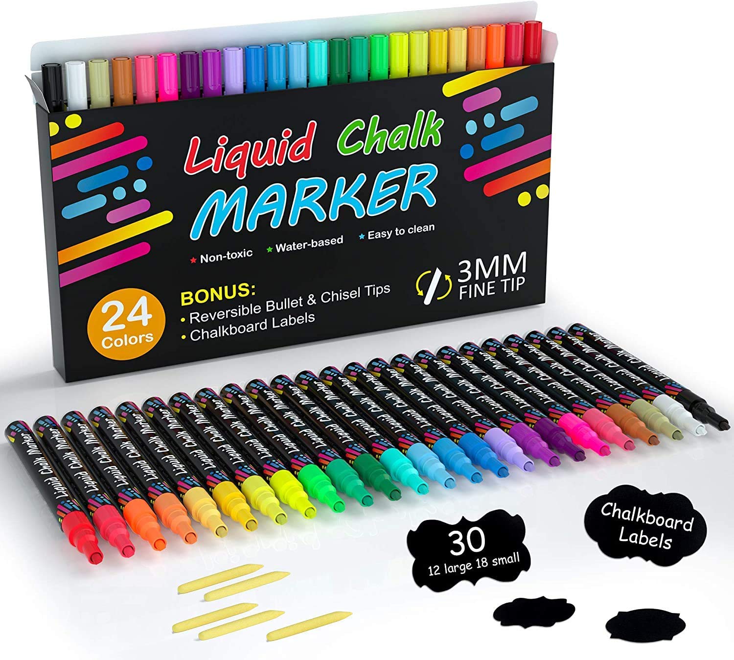 Chalk Markers, 24 Vibrant Colors Liquid Chalk Markers Pens for Chalkboards