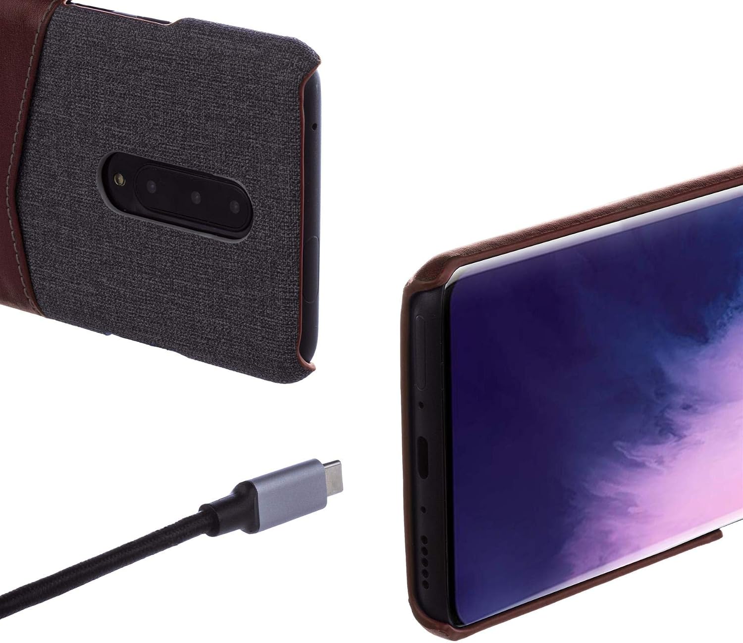 Card Wallet Plastic Phone Case with OnePlus7 Pro Fabric Texture-Brown - Image 3