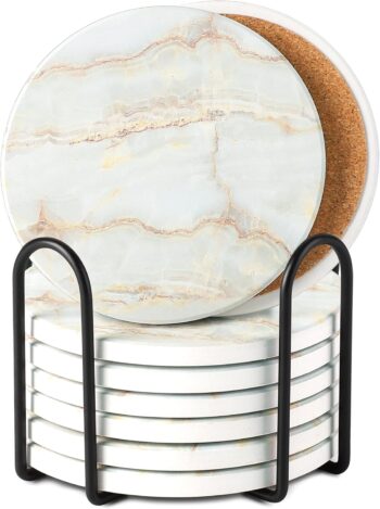 Coasters for Drinks, 8 Pieces with Holder Absorbent Ceramic Stone Marble Pattern