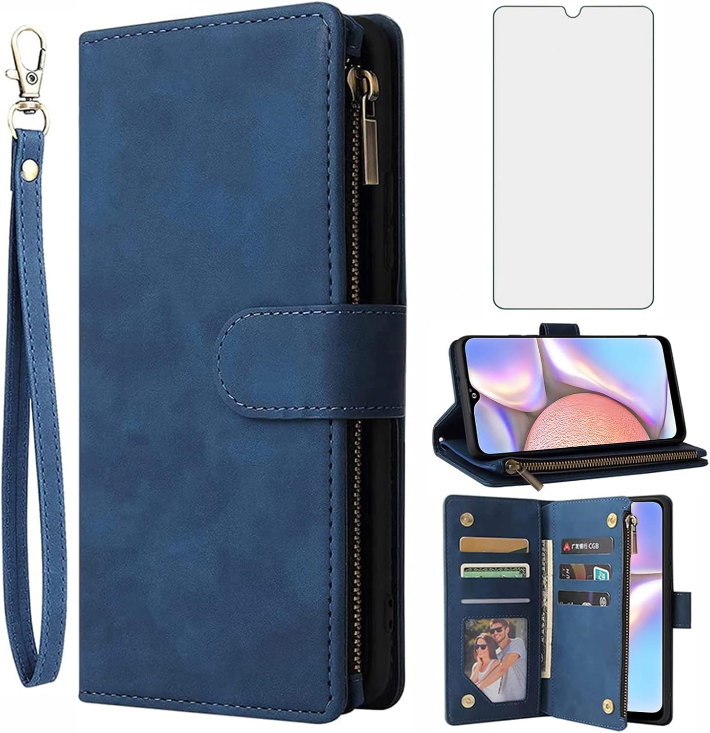 For Samsung Galaxy A10s Tempered Glass Screen Protector and Leather Flip Wallet