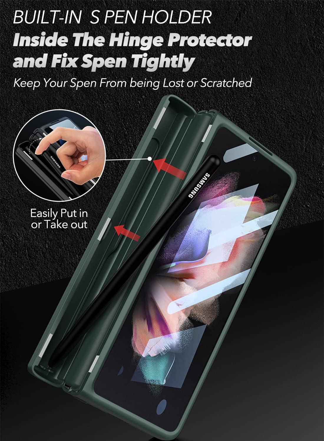Samsung Galaxy Z Fold 5 with Kickstand + S Pen Holder/ Hinge Protection Case - Image 3