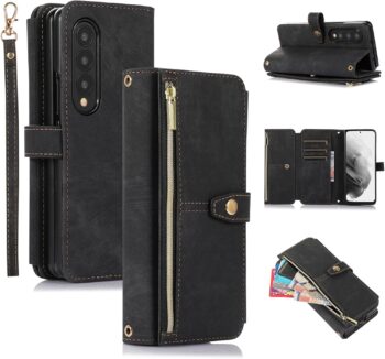Z Fold 4, 9 Card Slot Shockproof Leather Flip Wallet Case - Black