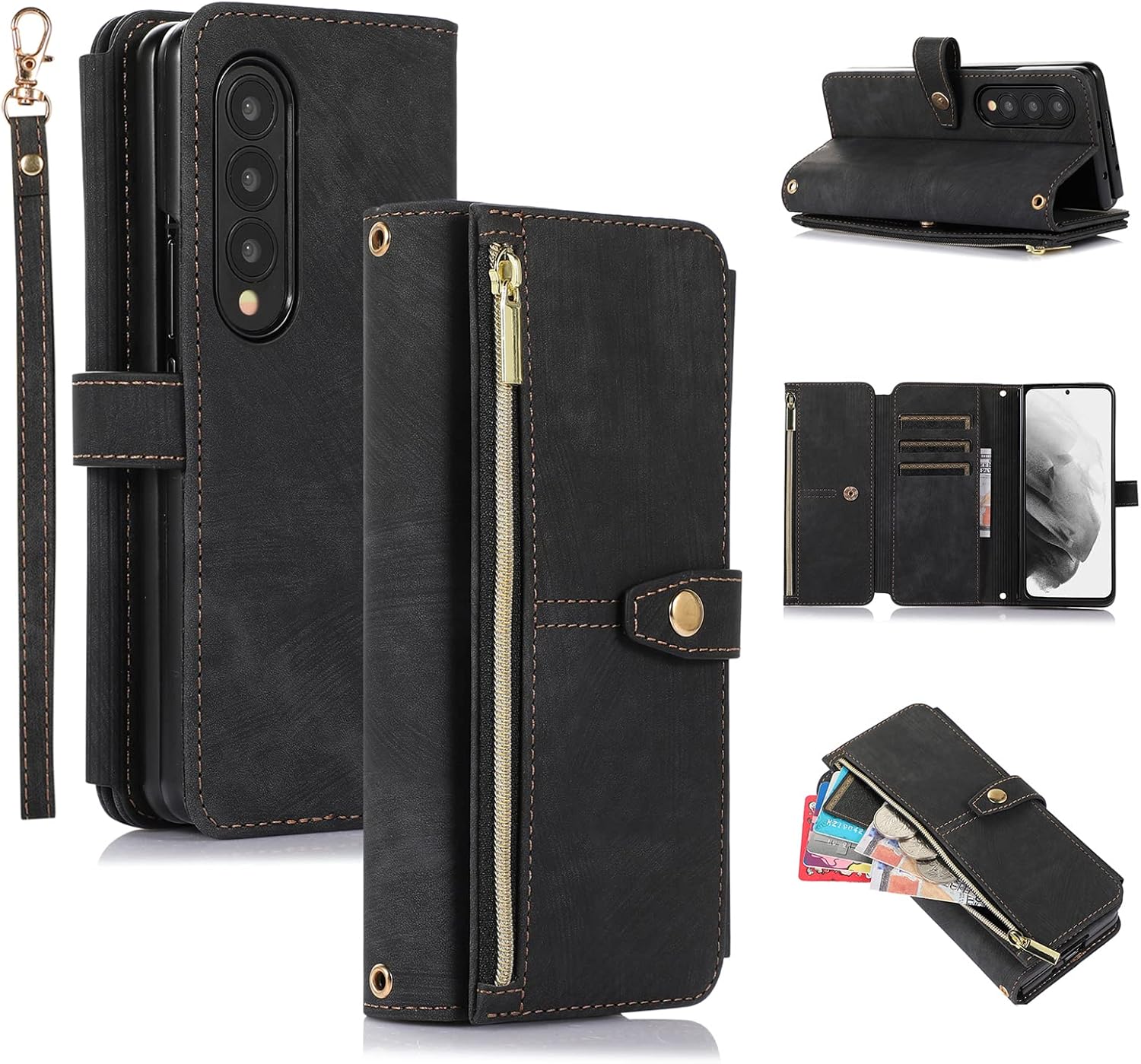 Z Fold 4, 9 Card Slot Shockproof Leather Flip Wallet Case - Black