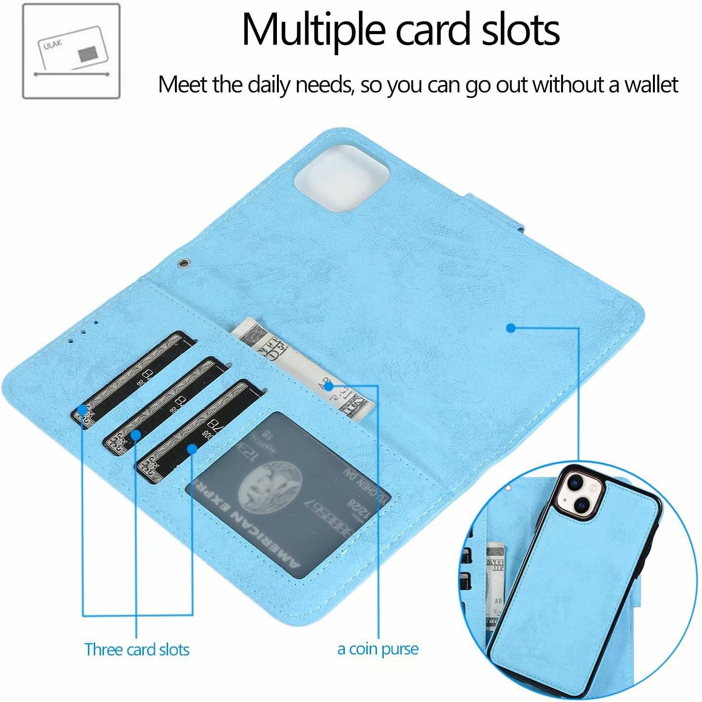 Magnetic Detachable Wallet Case with Card Slot Folio Case - Light Blue - Image 3