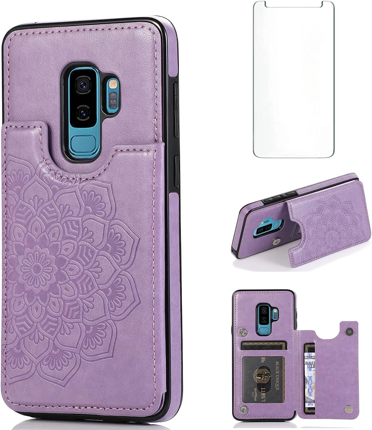 Case for Samsung Galaxy S9 Plus with Tempered Glass Screen and Wallet Case