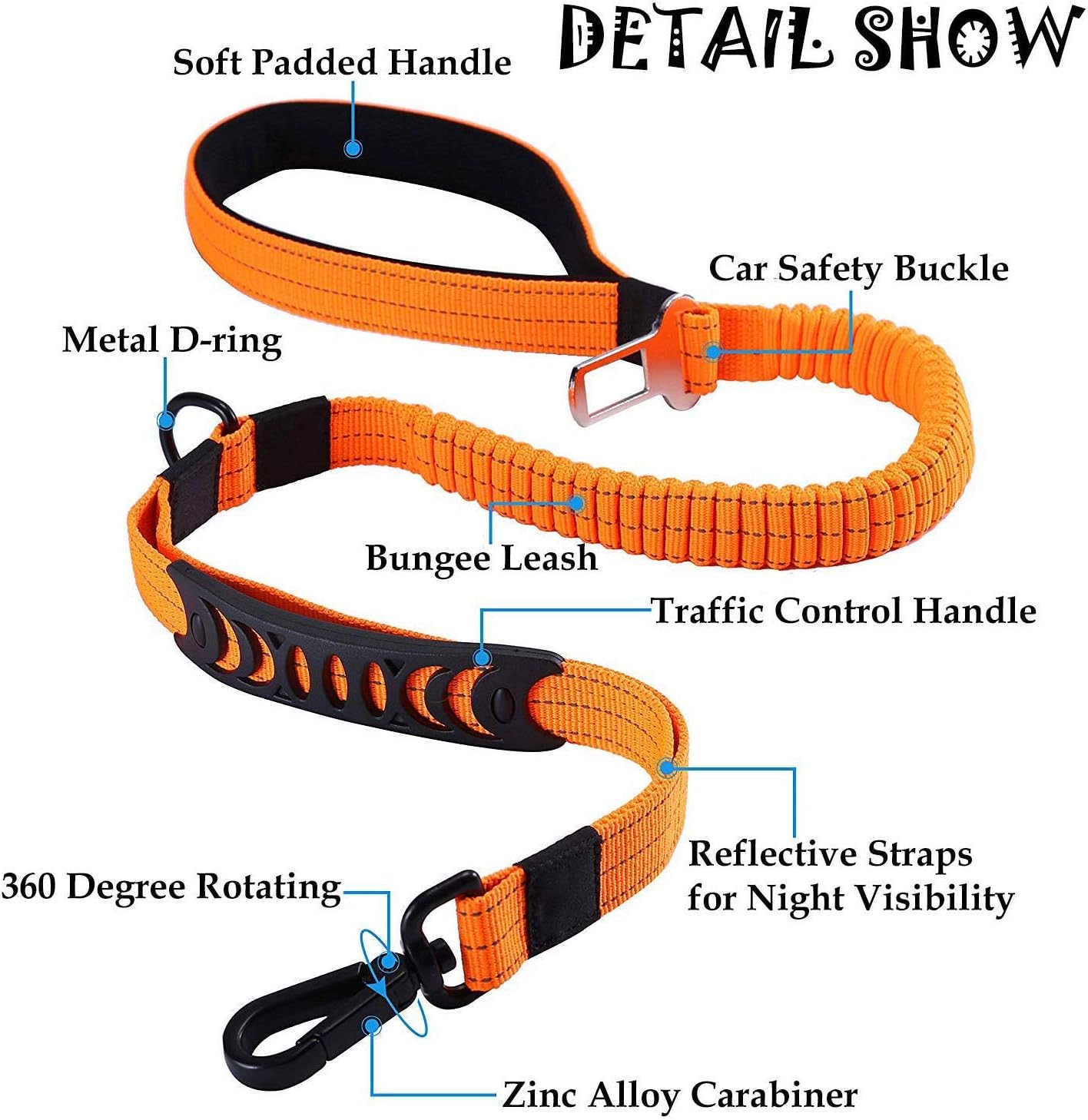 2 in 1 Dog Lead & Car Seat Belt, 150cm Reflective Anti-Shock Bungee Dog Leash - Image 2