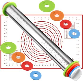 Rolling Pin and Silicone Baking Pastry Mat Set, Stainless Steel Dough Roller