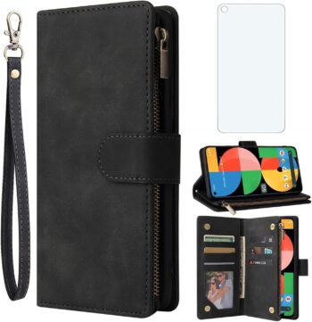 For Google Pixel 5a 5G Tempered Glass Screen Protector and Leather Flip Wallet