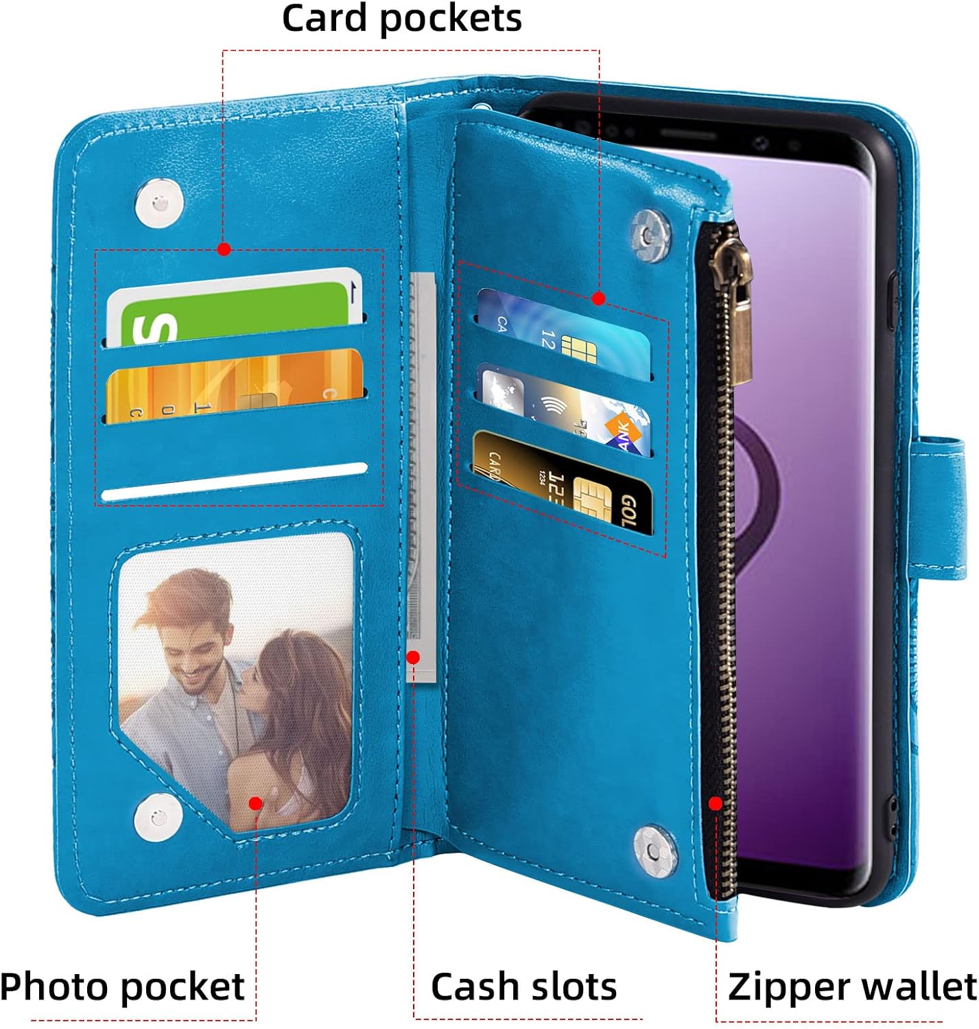 For Samsung Galaxy S9 Tempered Glass Screen Protector Leather Flip Wallet Case - Image 3