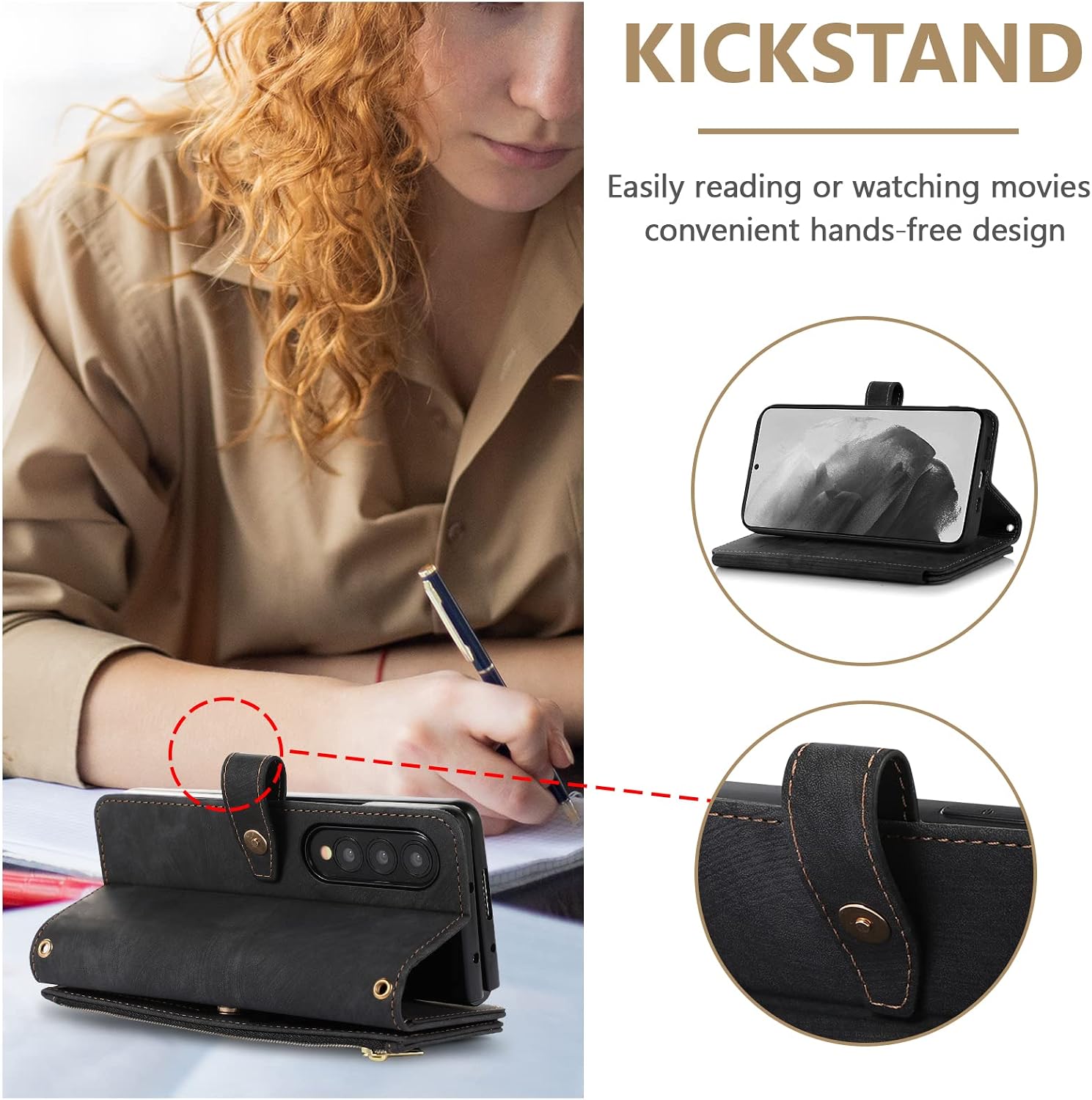 Z Fold 4, 9 Card Slot Shockproof Leather Flip Wallet Case - Black - Image 3