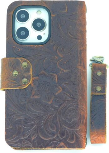 For iPhone 14 Pro Handmade Genuine Leather Wallet Flip Case - Brown