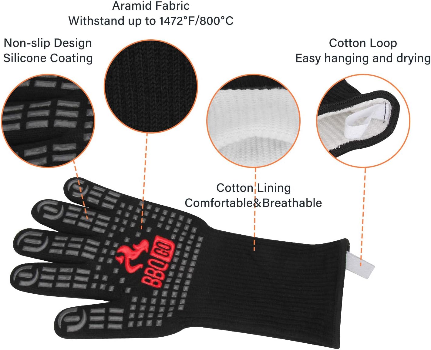 BBQ Grill Gloves 1472℉ 800℃ Extreme Heat Resistant Gloves Non-Slip Silicone - Image 3