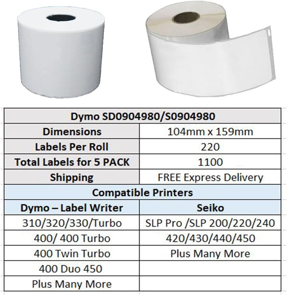 5 Rolls Dymo Compatible S0904980 Shipping Labels 4 x 6 Dymo 4XL Postage - Image 3