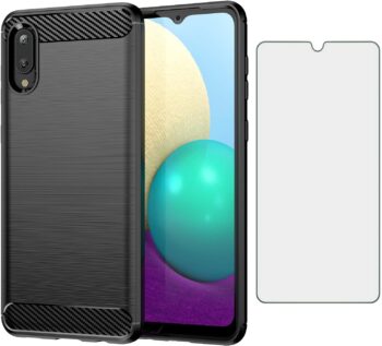 For Samsung Galaxy A02 Case w Tempered Glass Screen Protector - Black
