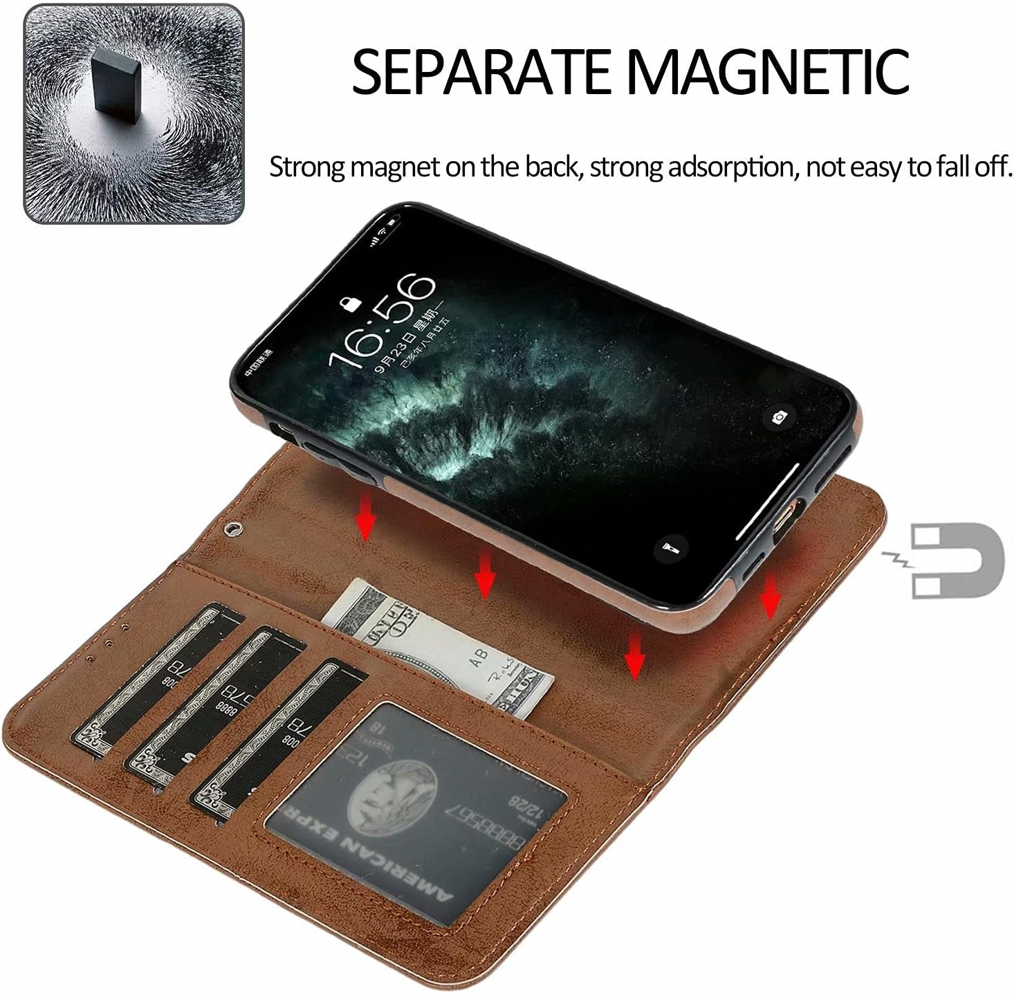 Magnetic Detachable Wallet Case with Card Slots for iPhone 12 Pro Max - Brown - Image 2
