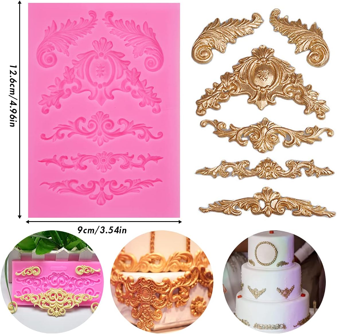 5 Pcs Baroque Style Curlicues Scroll Lace Fondant Silicone, Relief Flower Lace - Image 2