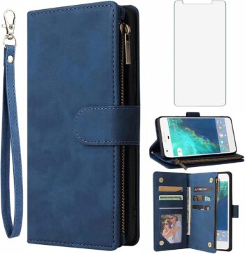 Google Pixel XL Leather Wallet Case w Tempered Glass Screen Protector