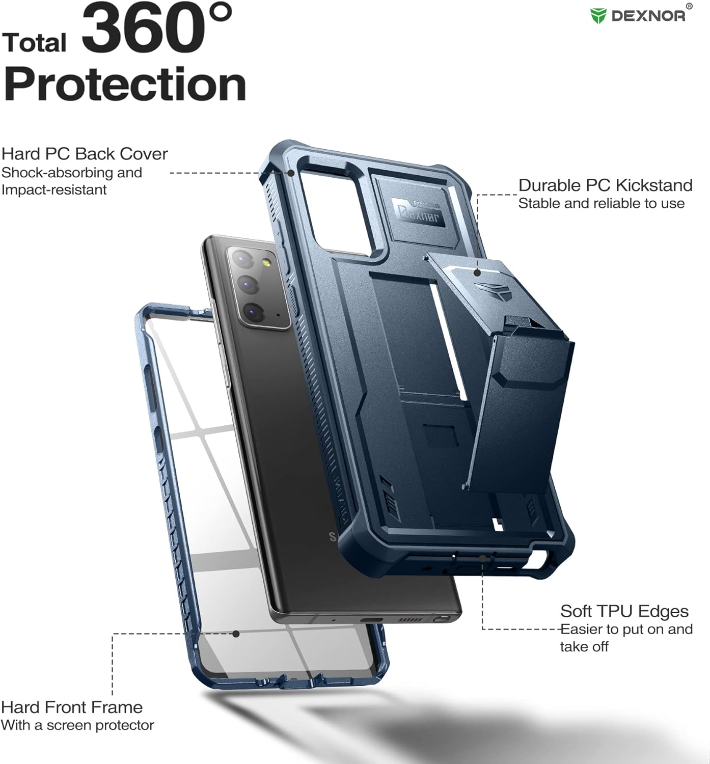Samsung Note 20, Built in Screen Protector and Kickstand Heavy Duty Case - Blue - Image 6
