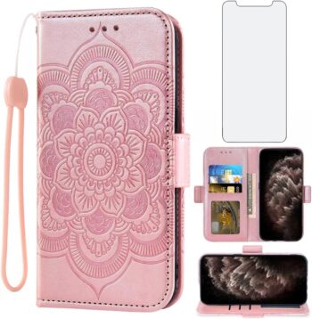For iPhone 11 Pro Max Tempered Glass Screen Protector + Leather Flip Wallet Case
