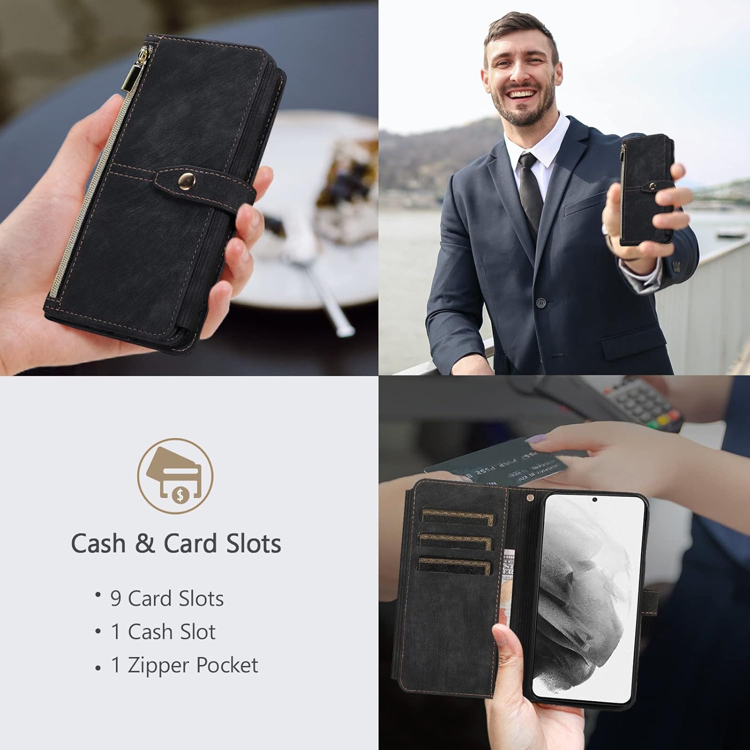 Z Fold 4, 9 Card Slot Shockproof Leather Flip Wallet Case - Black - Image 5