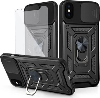 iPhone Xs Case with Slide Camera Cover and Tempered Glass Screen Protector