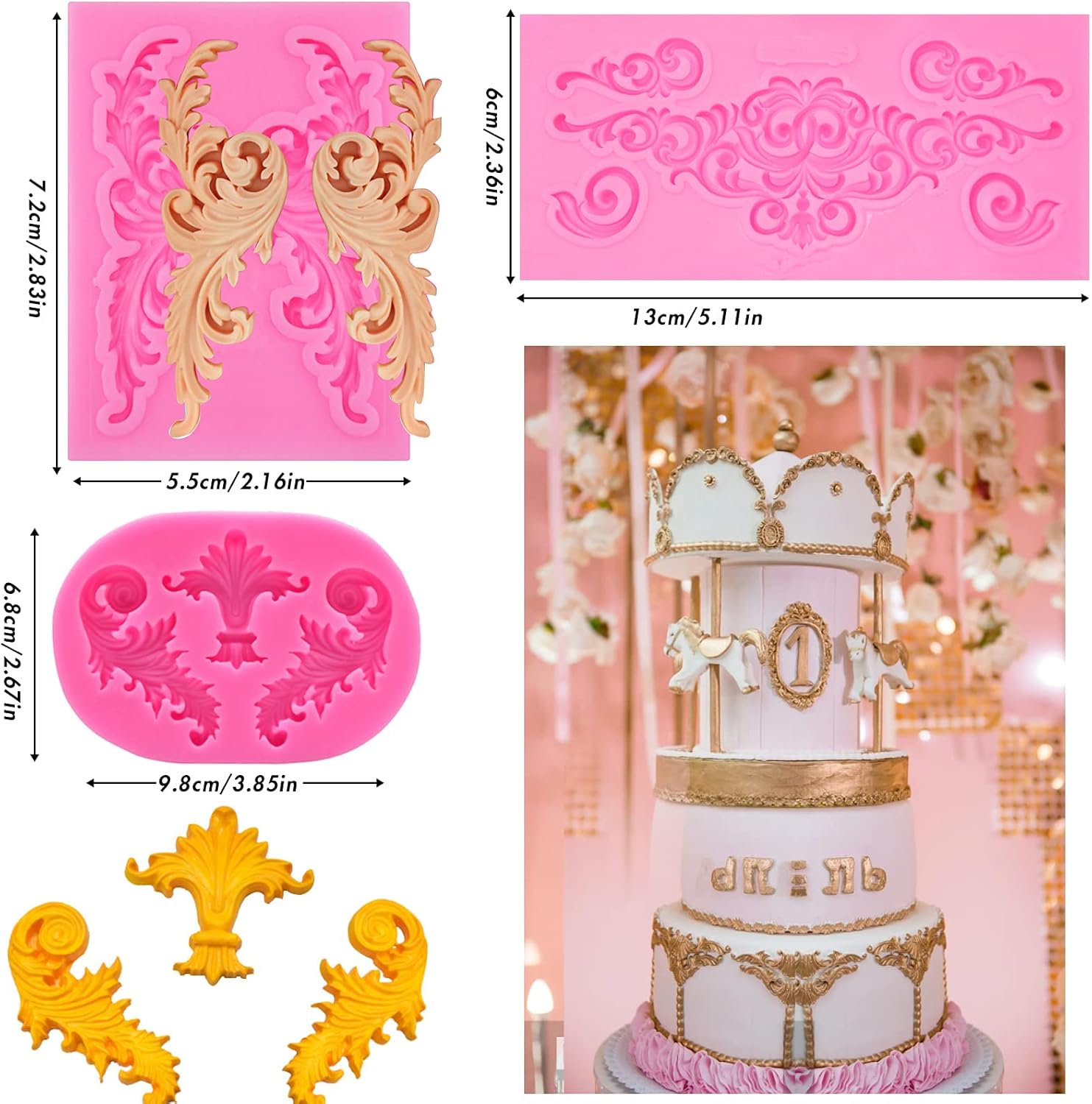 5 Pcs Baroque Style Curlicues Scroll Lace Fondant Silicone, Relief Flower Lace - Image 3