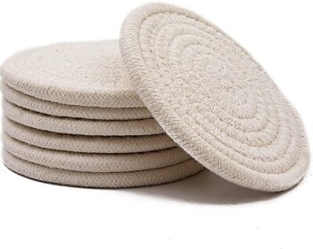 Absorbent Drink Coasters Handmade Braided - 6 Pack (4.3 Inch, Round, 8mm)