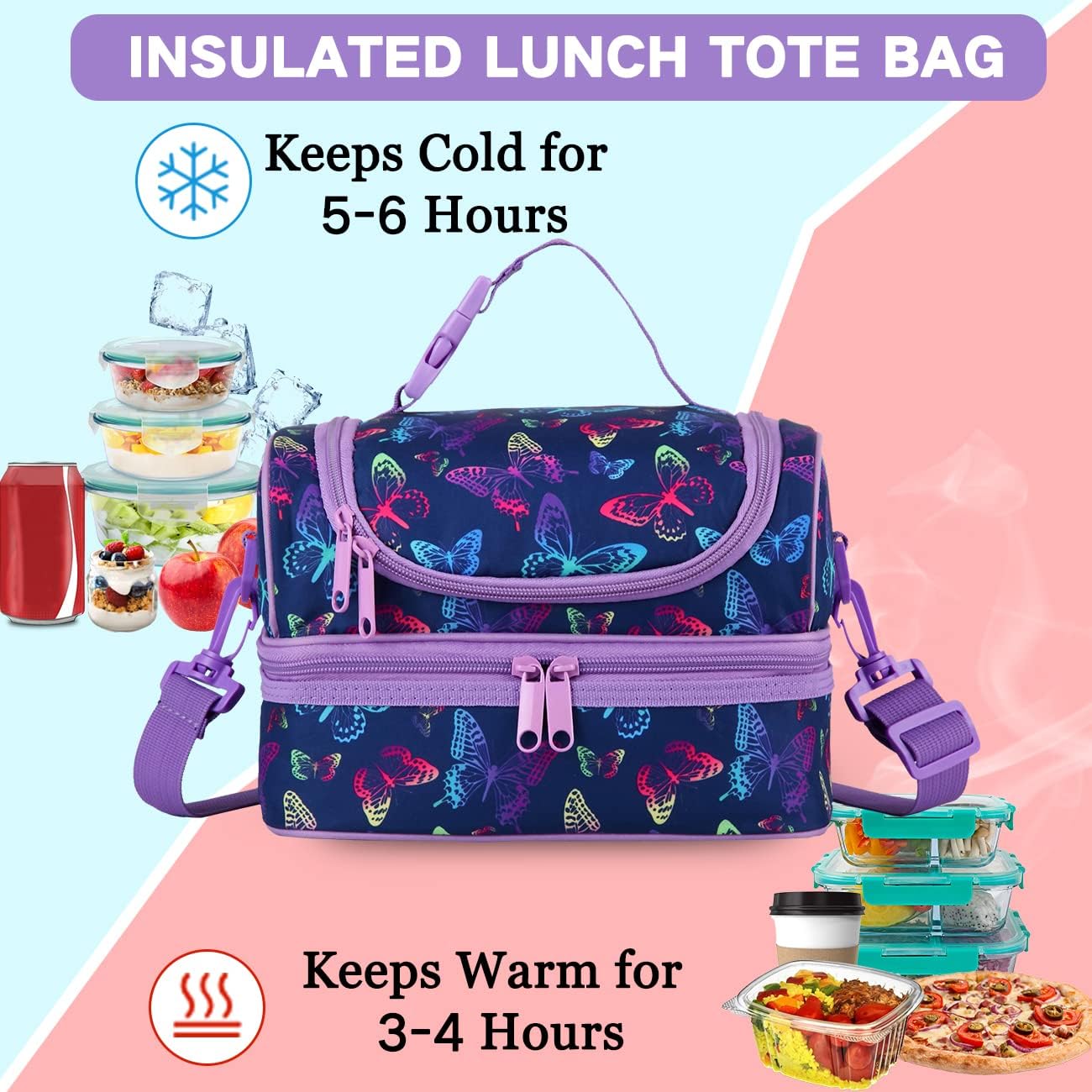 Lunch Box Bag Kids, Insulated Two Compartments Cooler Bags Girls Shoulder Strap - Image 4