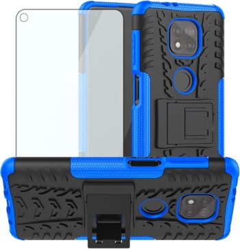 Moto G Power 2021 Kickstand Hybrid Case w Tempered Glass Screen Protector