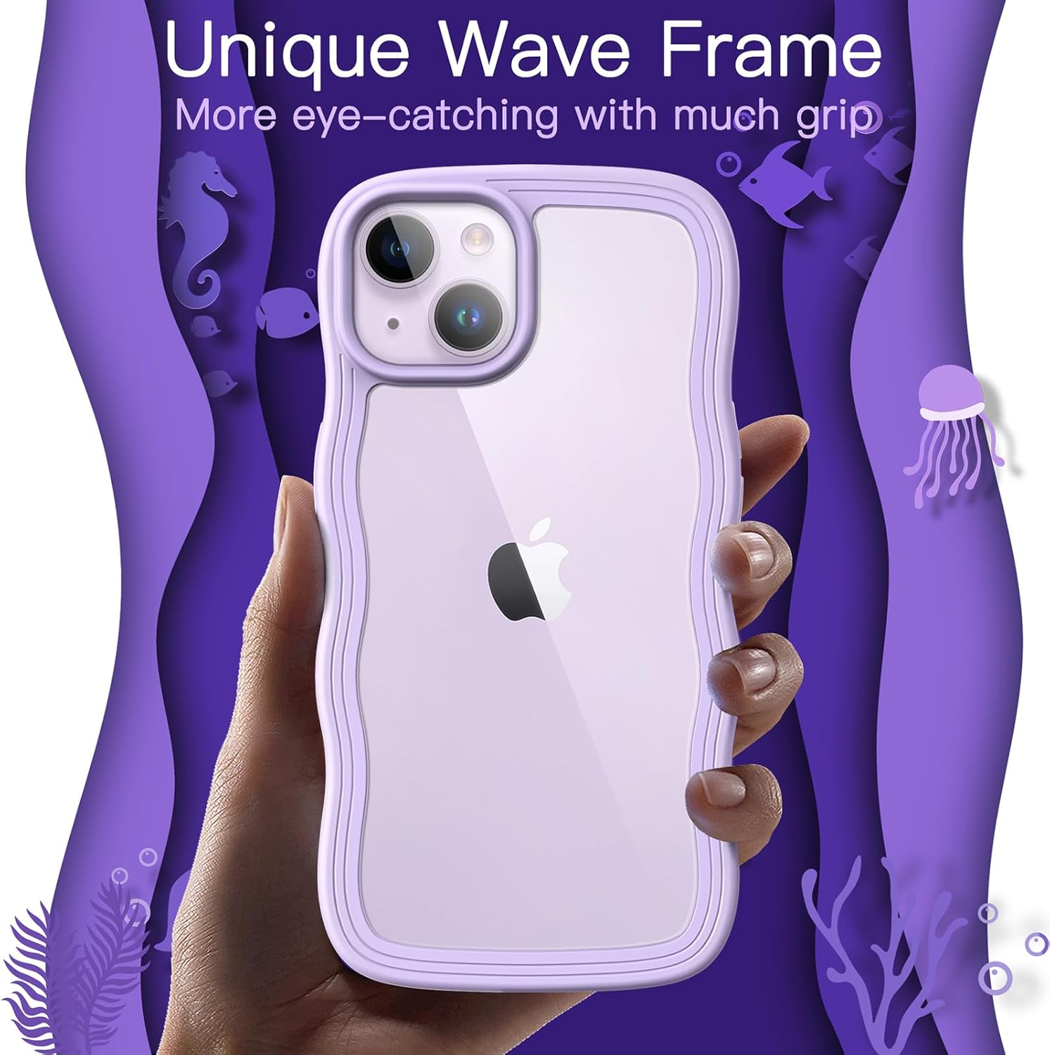 Cute Case for iPhone 14 6.1-Inch, Wave Frame Curly Shape Shockproof (Purple) - Image 3