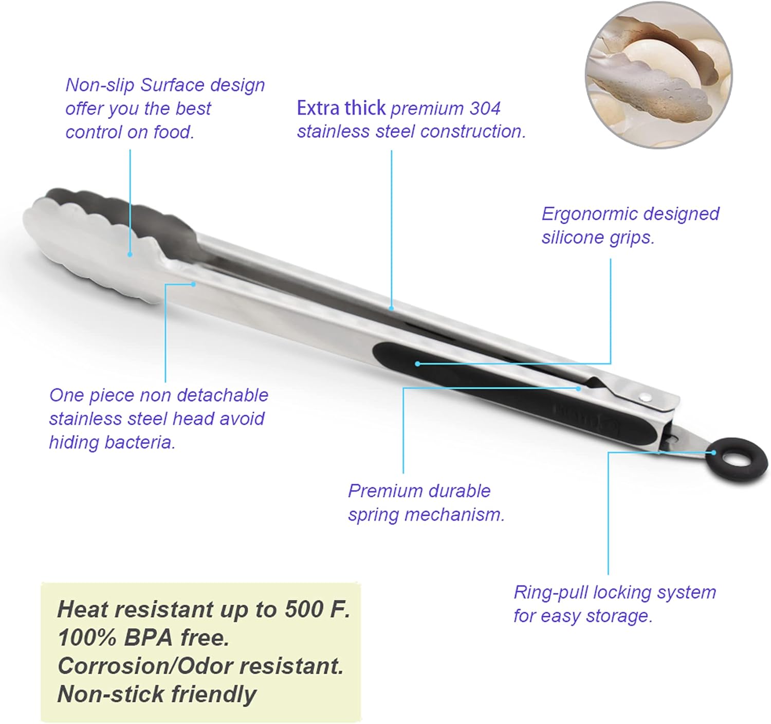 304 Stainless Steel Kitchen Cooking Tongs, 9" and 12" Set of 2 Sturdy Grilling - Image 5