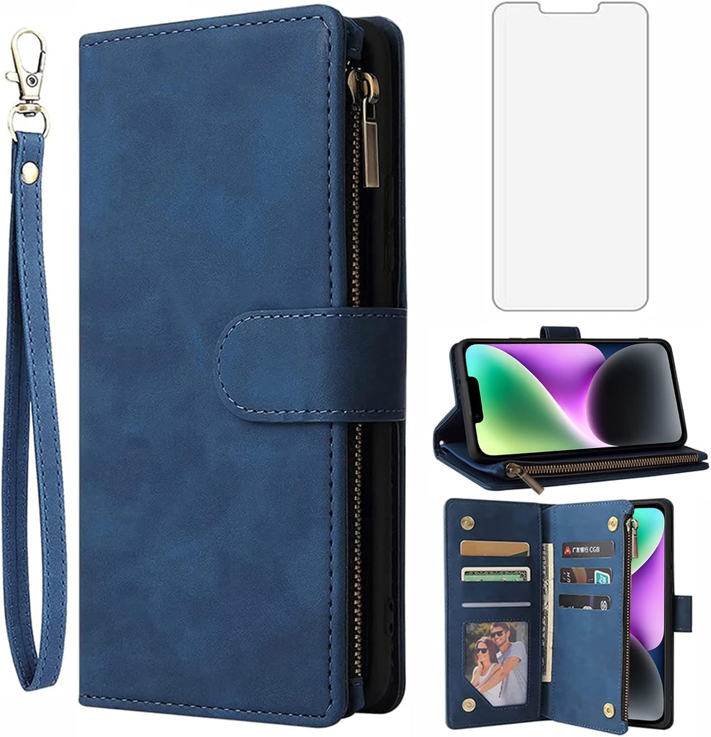 For iPhone 14 6.1 inch Tempered Glass Screen Protector and Leather Flip Wallet