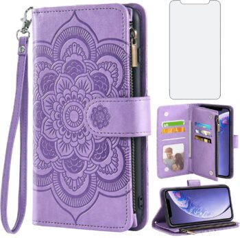 For iPhone 11 6.1 Tempered Glass Screen Protector Leather Flip Wallet Case