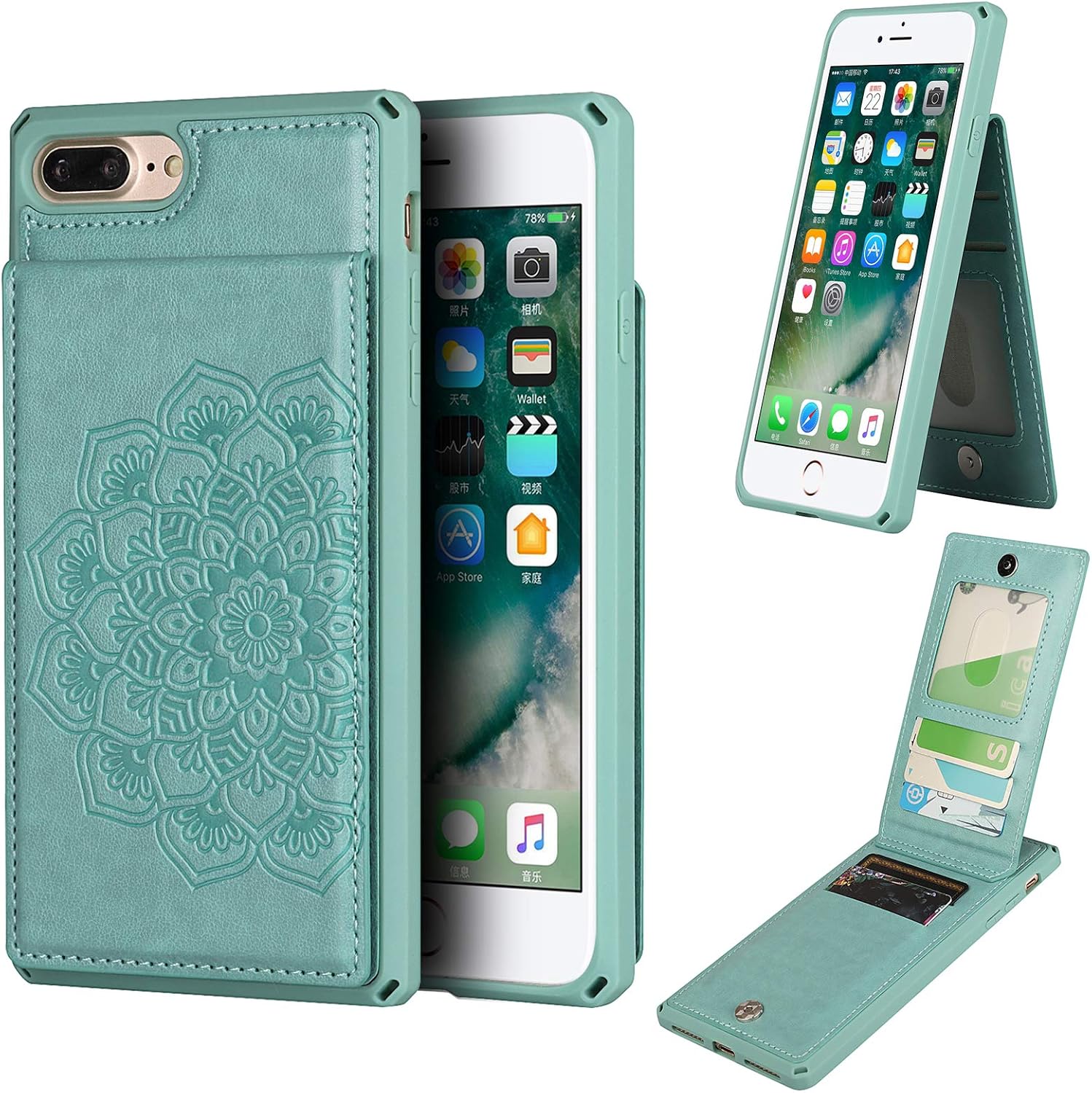 iPhone 7 Plus/ 8 Plus, Soft PU Leather Wallet Case w Kickstand and Card Holder