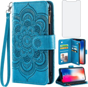 For iPhone Xs X 10 10s and Tempered Glass Screen Protector Leather Flip Wallet