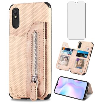 For Xiaomi Redmi 9A Wallet Cover w Tempered Glass Screen Protector and Card
