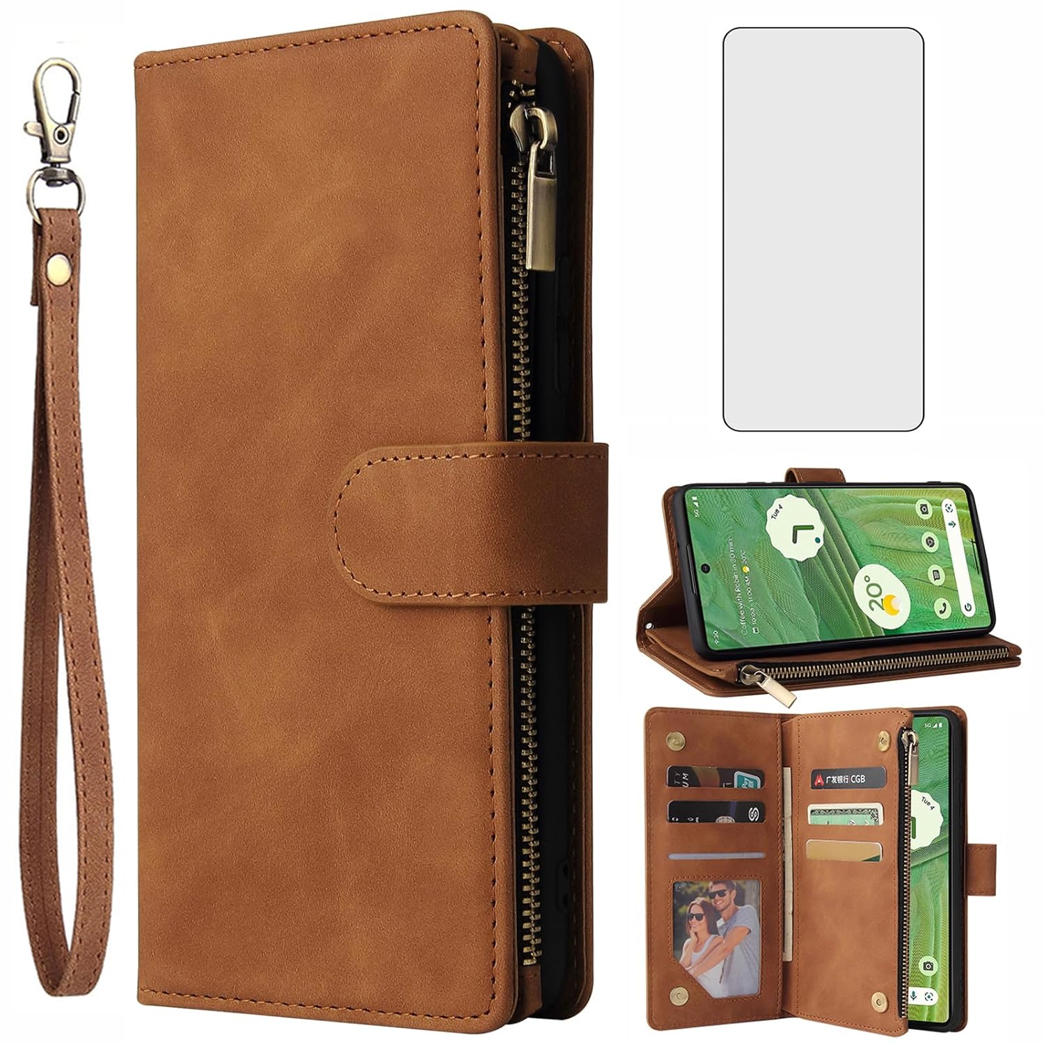 For Google Pixel 7 5G Tempered Glass Screen Protector and Leather Flip Wallet