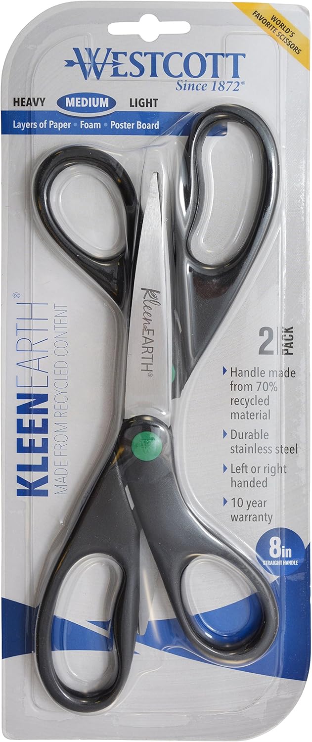 Westcott KleenEarth 8" Straight Recycled Stainless Steel Scissors, Black, 2 Pack - Image 2