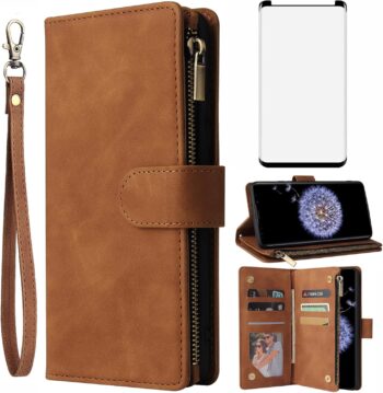 For Samsung Galaxy S9 Tempered Glass Screen Protector and Leather Flip Case
