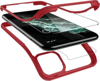 Dual Layer Rugged Protective Clear Case with Built-in Screen for iPhone 13 - Red