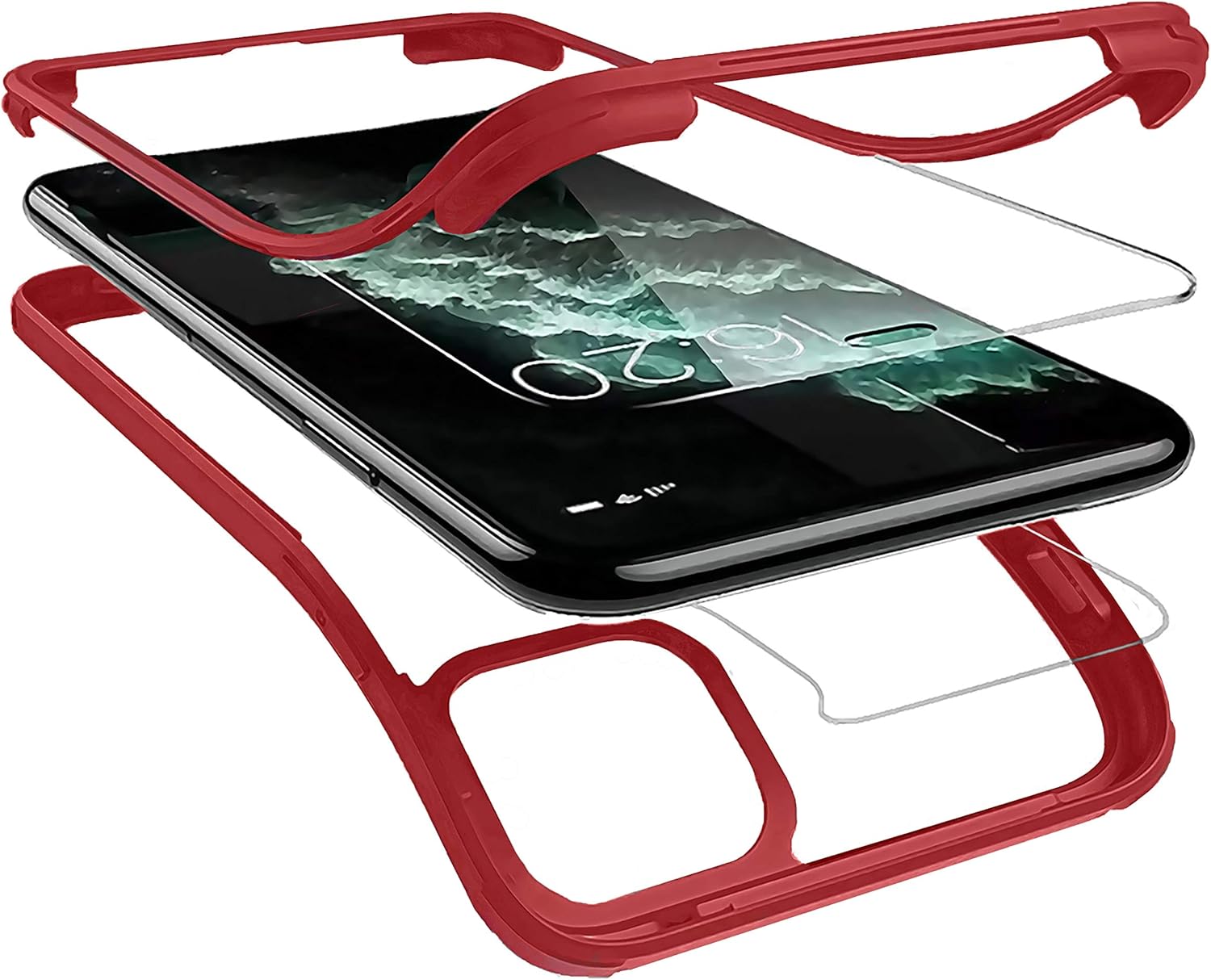 Dual Layer Rugged Protective Clear Case with Built-in Screen for iPhone 13 - Red